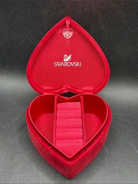 Swarovski Red Velvet Heart Shaped Crystal Accent Jewelry Box Lidded Trinket Box